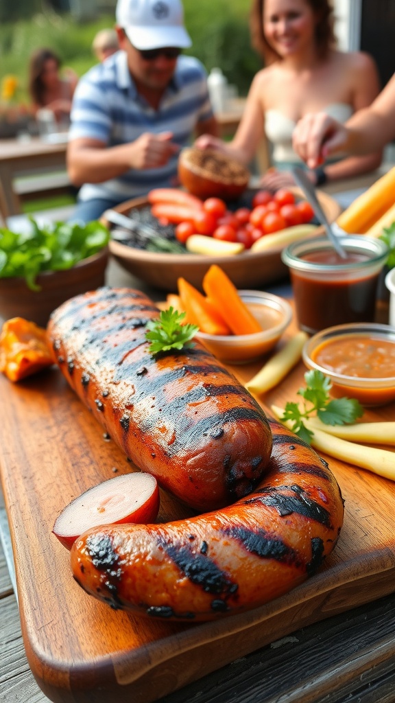 Grilled pork sausage on a platter with herbs and condiments at a summer barbecue.